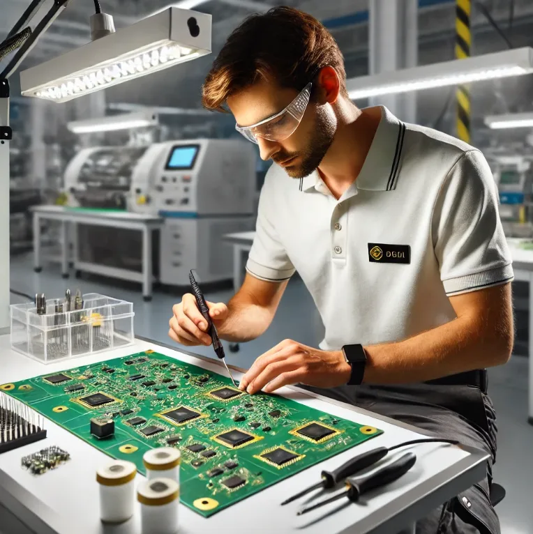 Technician placing a PCB label onto a printed circuit board during production.
