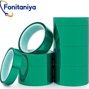 green polyester masking tape with various width, piled up all together