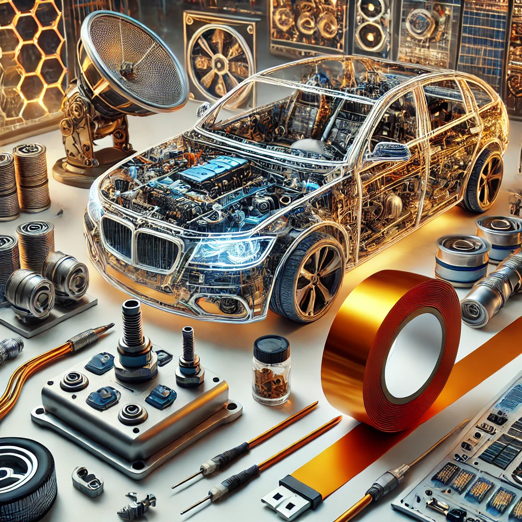 Various applications of Kapton tape in automotive and aerospace components, demonstrating its insulation and protective features.