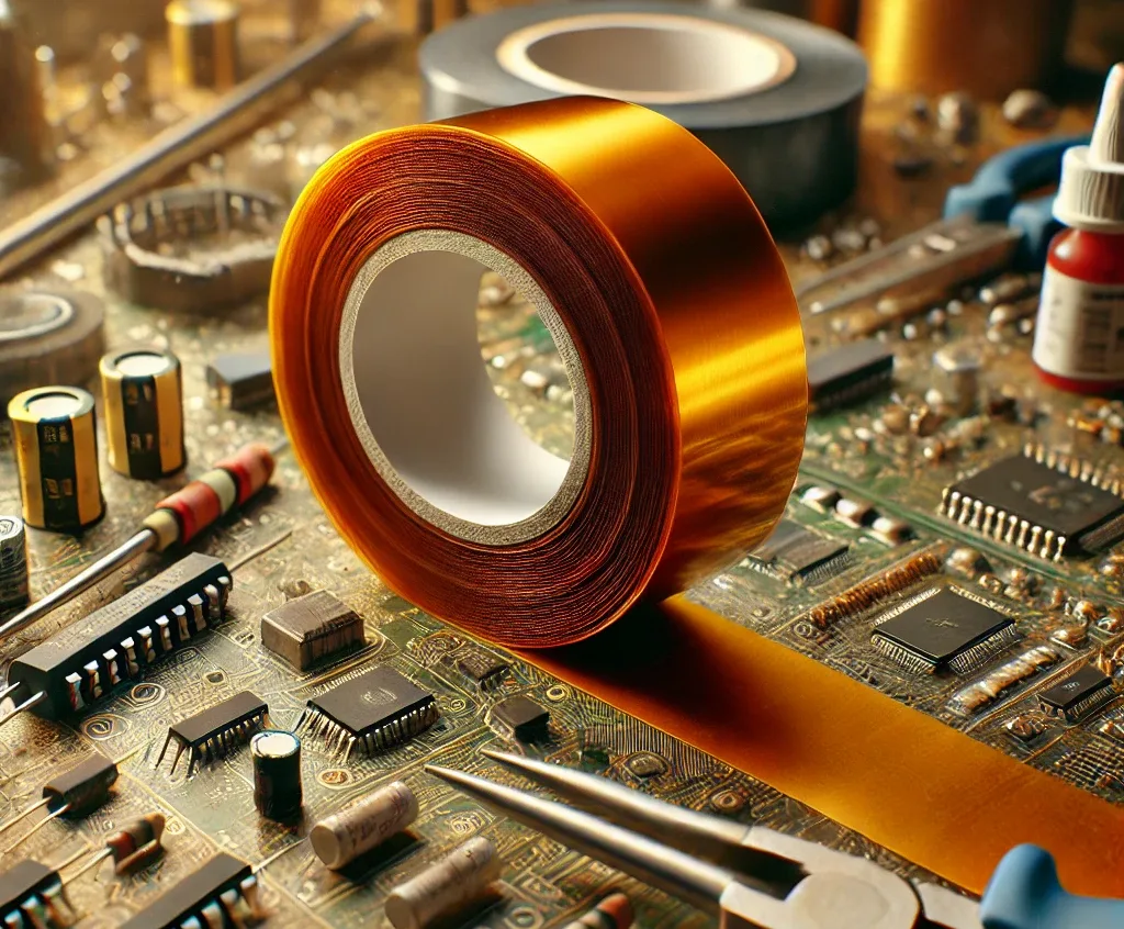 A roll of Kapton tape on a workbench, showcasing its color and texture among electronic components.