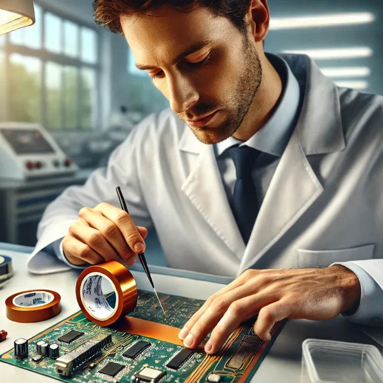 An engineer applying Kapton tape to a circuit board, demonstrating its use in electronics manufacturing.