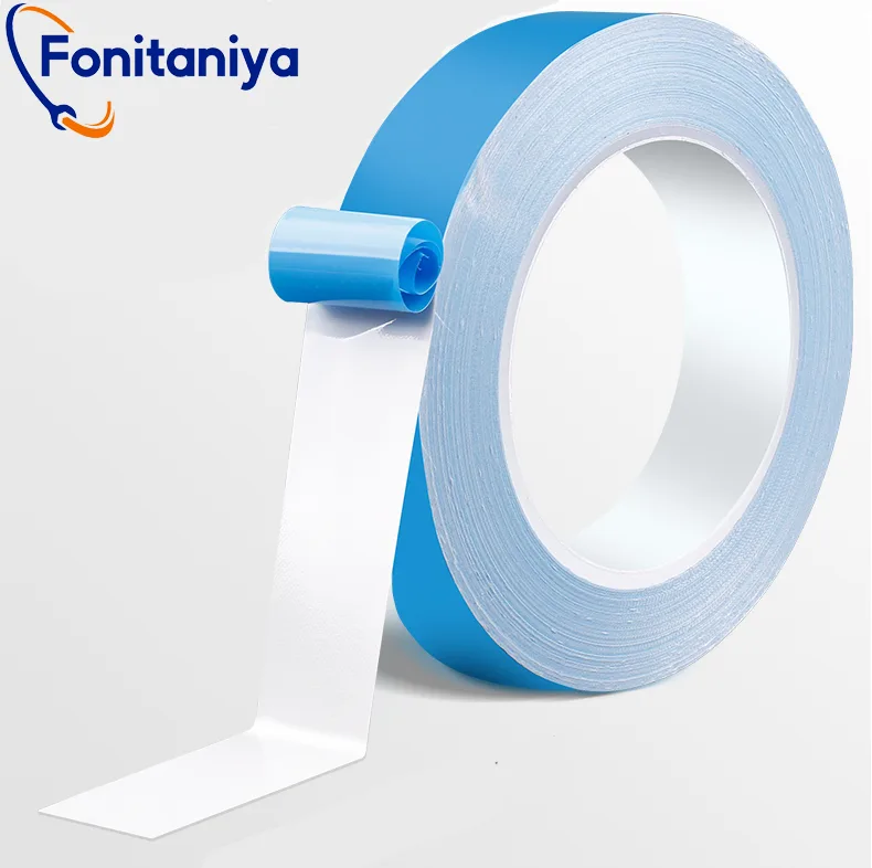 thermally conductive adhesive transfer tape with blue backliner and white fiberglass base