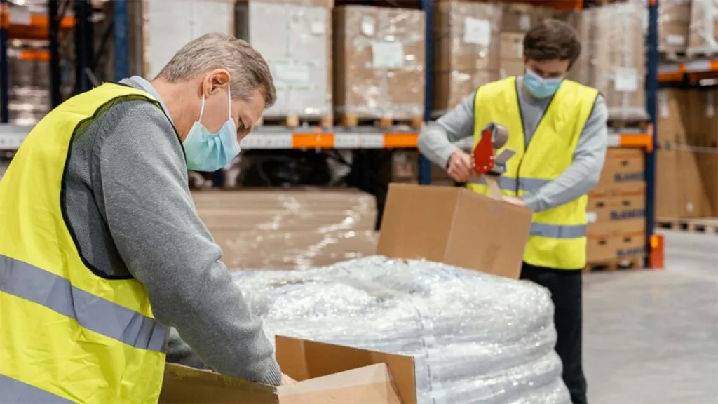 workers packing parcels with packaging tape