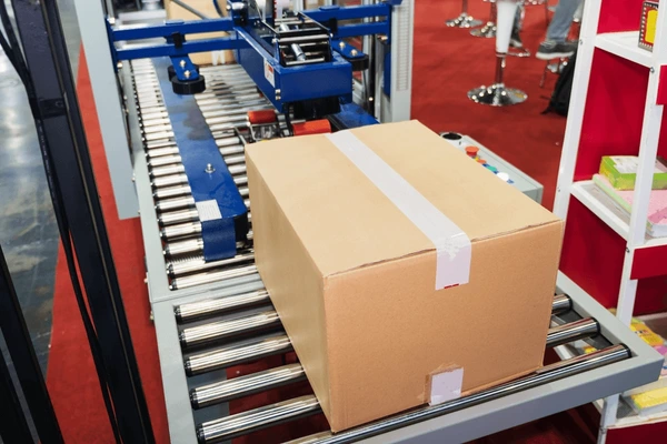 in an automatic logistic center, a box is sealed with packing tape