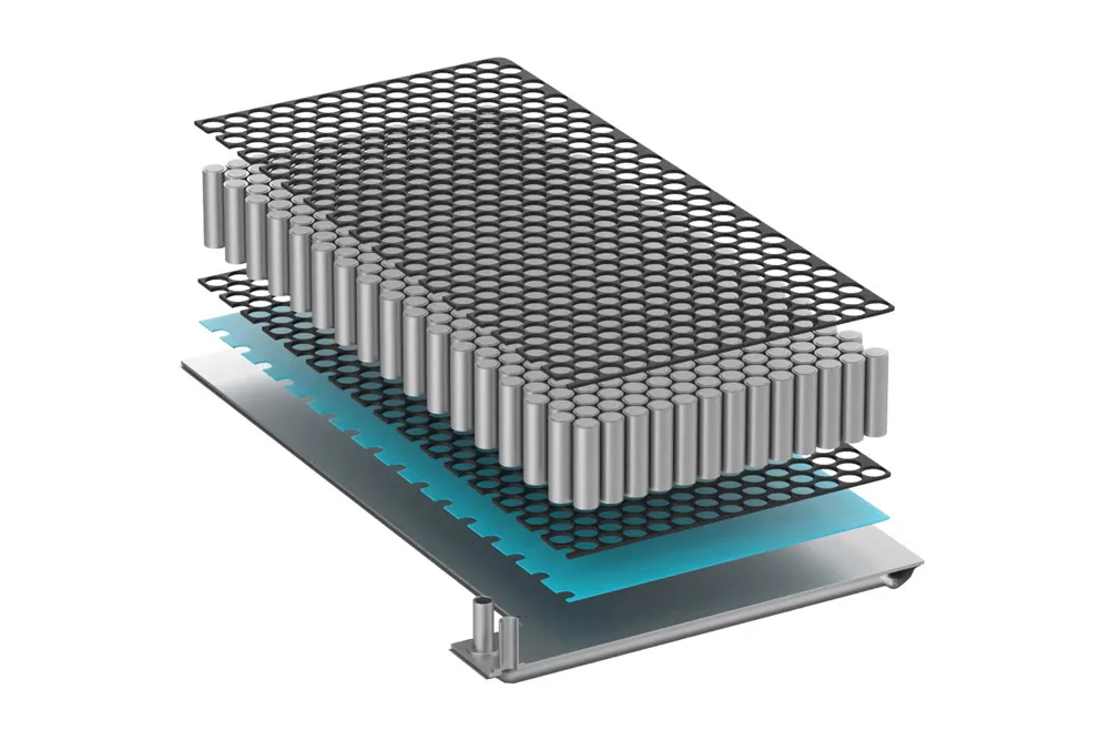 a layer of thermal interface material is piled under the ev battery cells