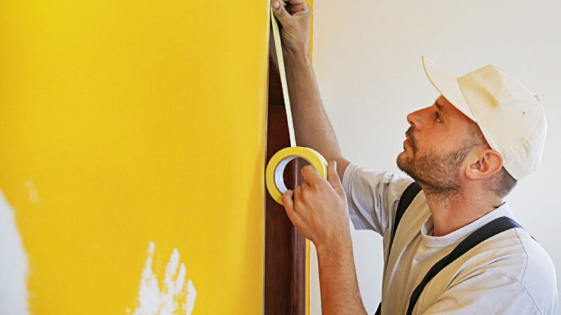 a painter applying masking tape on a yellow painted wall